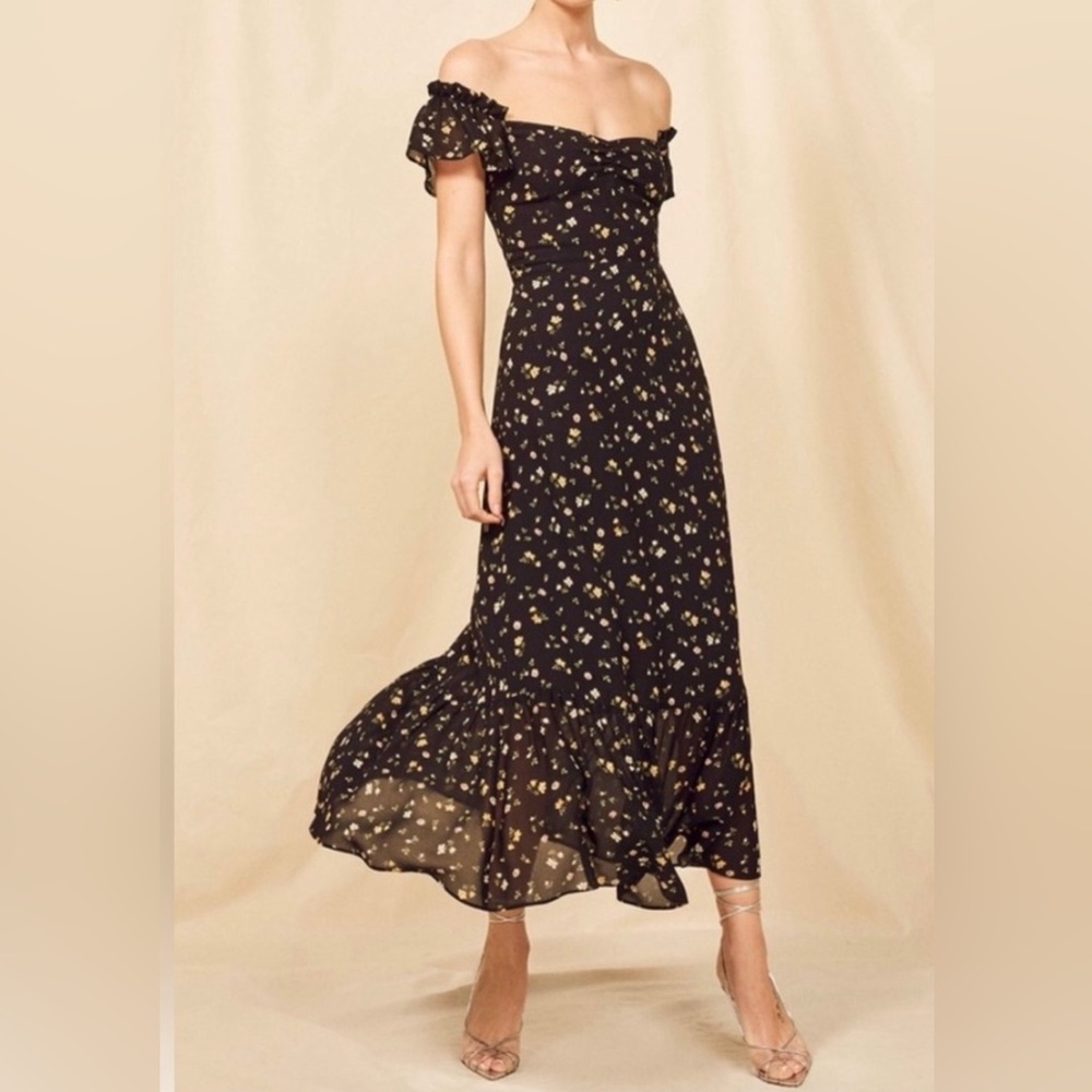 Reformation Black Floral Butterfly Midi Dress